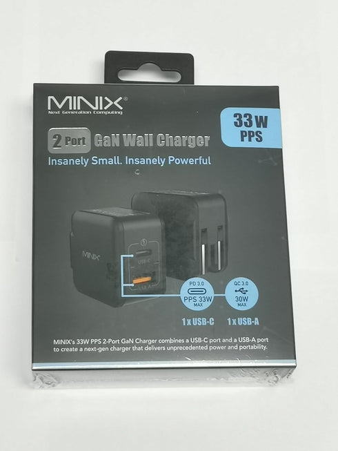 MINIX NEO P1 Mini 33W PPS 2-Port GaN Charger 1 USB-C Port Fast Charger, 1 USB-A Port Quick Charger 3.0. Compatible with iPhone 8-15 Series, Galaxy...
