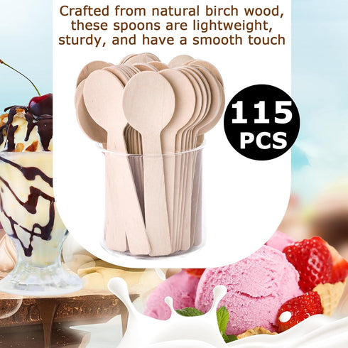 HANSGO 115PCS Wooden Spoons, 6.25inch Ice Cream Dessert Spoons Wood Cutlery Tableware Sampling Tasting Spoons for Kitchen Party Chocolate Cake Hon...