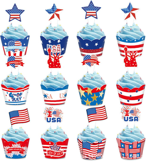 24 PCS 4th of July Cupcake Toppers Wrappers USA Patriotic Cupcake Liners for Cake Decoration Supplies, Independence Memorial Day Party Cake Decora...