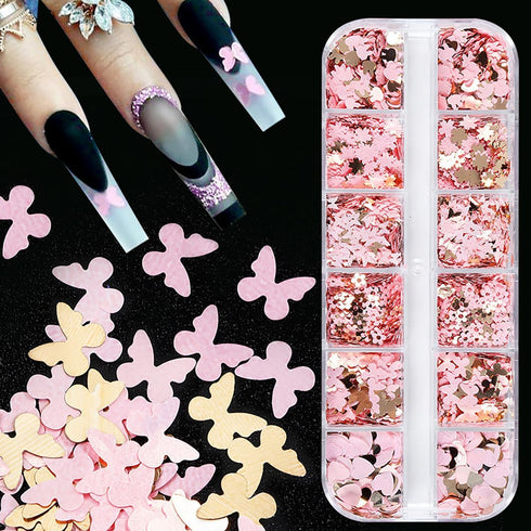 12 Grids Gold Pink Nail Glitter Sequins 3D Cherry Blossoms Butterfly Nail Glitter Flakes Rabbit Love Heart Nail Sequins Supplies Sparky Cute Nail ...