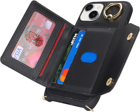 for iPhone 14 Case with Card Holder and Strap - Zipper Pocket,Crossbody Lanyard Strap,Credit Card Holder,Stand Ring,Cute Phone Wallet Case for Wom...