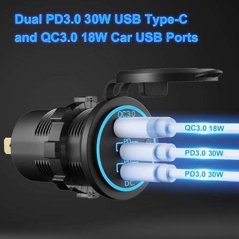 12V USB Outlet Wire USB Charger Multi Port, Dual PD3.0 USB-C and Quick Charge3.0 Car USB Port Socket with Power Switch, Fast Charge for iPhone iPa...
