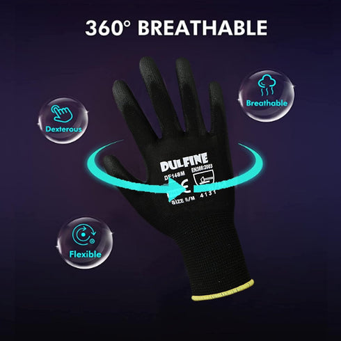 DULFINE Ultra-Thin PU Coated Work Gloves-12 Pairs,Excellent Grip,Nylon Shell Black Polyurethane Coated Safety Work Gloves, Knit Wrist Cuff,Ideal f...