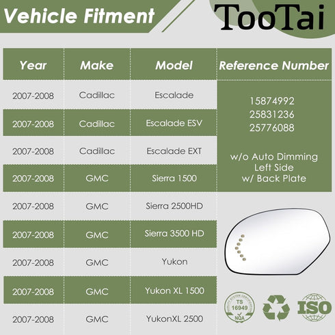 Driver Side Replacement Mirror Glass compatible with Cadillac & GMC vehicles - 2007-2008 Escalade, ESV, EXT | 2007-2008 Sierra 1500/2500HD, Yukon/...