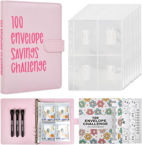 100 Envelope Savings Challenge Binder, 100 Envelopes Money Saving Challenges, A5 100 day cash $5050 challenge book, 3 Markers and 3 Laminated trac...