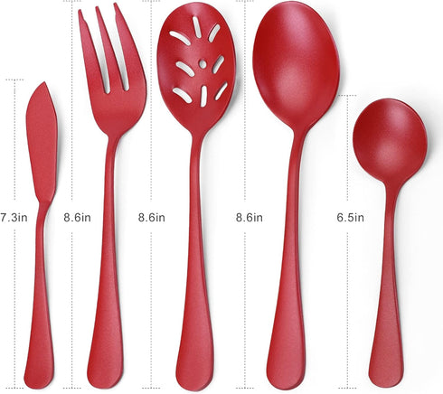 Serving Utensils Set, Red 5-Piece Hostess Set, Stainless Steel Silverware Flatware Cutlery Serving Set, Dishwasher Safe...