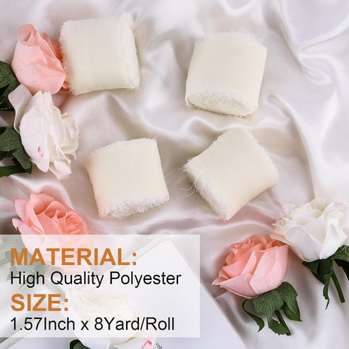 1.57" x 32Yard Chiffon Silk Ribbon Ivory White Ribbons Set 8 Yd x 4 Rolls Fringe Fabric Eco-Friendly for Wedding Invitations, Bridal Bouquets, Dec...