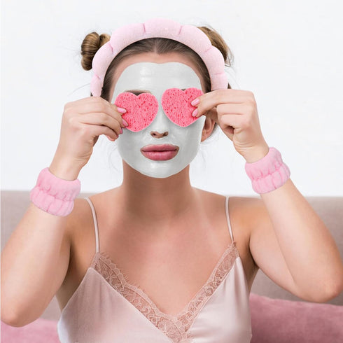 WHAVEL Spa Headband and Wristband Set, Skincare Headband Puffy Headbands Face Wash Makeup Wrist Bands for Washing Face, with 4PCS Facial Sponges S...