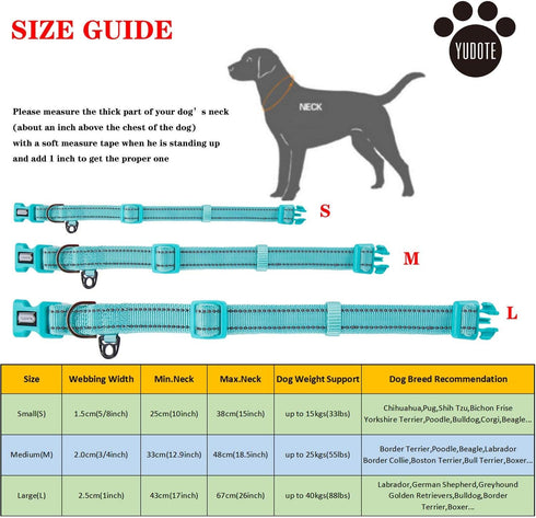 Reflective Nylon Dog Collar with Breathable Neoprene Padding,Adjustable for Small Dogs.(9.8"-15",Teal)...