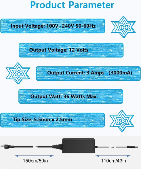 DC 12 Volt 3 Amp Power Supply, AC to DC 12V 3A Power Adapter, 100-240V AC Input to DC 12V 3A Power Supply Adapter, 5.5mm x 2.5mm DC Plug & 1 Femal...