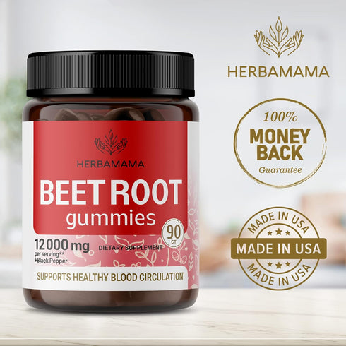 HERBAMAMA Beet Root Gummies - Chewable Vitamins from Beet Root Extract - Beet Root Supplements for Bolstering Energy Levels - 12000 mg, 90 Chews...