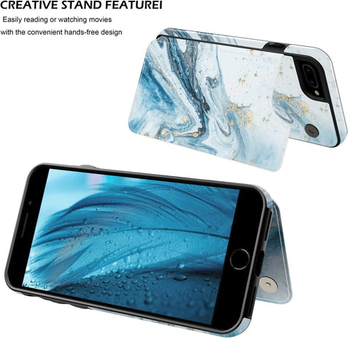 LETO for iPhone 8 Plus Case,iPhone 7 Plus Case,Flip Folio Leather Wallet Case Cover with Opal Blue Marble Designs for Girls Women,Card Slots,Prote...