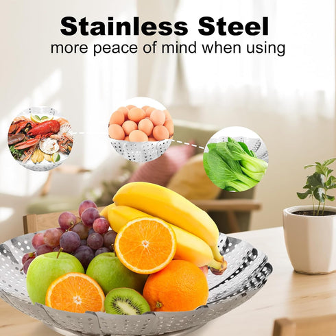 3-Piece Steamer Basket Set: Stainless Steel Adjustable Folding Veggie and Seafood Steamer, Expandable to Fit Various Pot Sizes: 5.5" to 8.3", 6.3"...