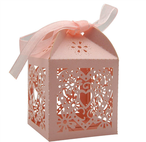 KPOSIYA 100 Pack Love Heart Laser Cut Wedding Party Favor Box Candy Bag Chocolate Gift Boxes Bridal Birthday Shower Bomboniere with Ribbons...