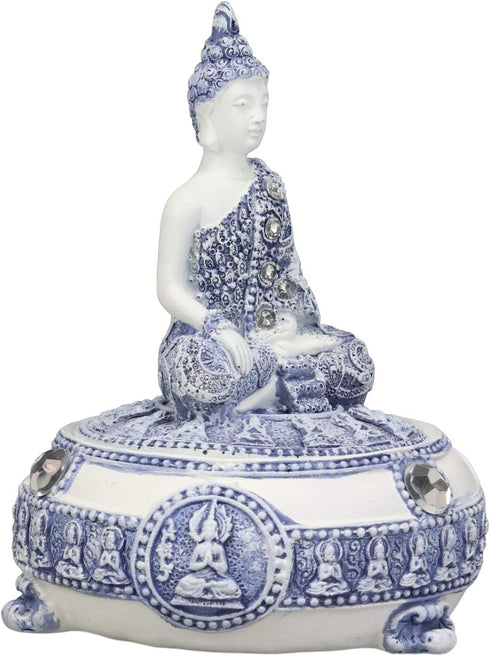 Ebros Gift Bhumisparsha Mudra Buddha Amitabha Meditating Terracotta Blue And White Round Jewelry Box Figurine 5.25"Diameter Buddhist Eastern Enlig...