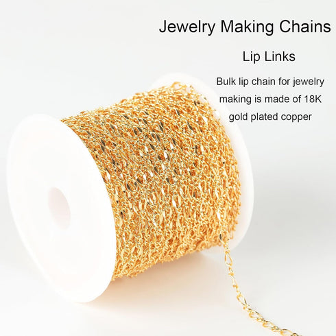 Jabogrii 32.8 Feet Lip Jewelry Making Chains Bulk 18K Gold Plated Brass Chain for Jewelry Making DIY Craft Chain Roll...