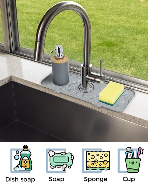 Kitchen Sink Splash Guard - Silicone Faucet Handle Drip Catcher Tray, Dish Soap Dispenser and Sponge Holder Mat Behind Faucet, Kitchen Gadgets Sin...