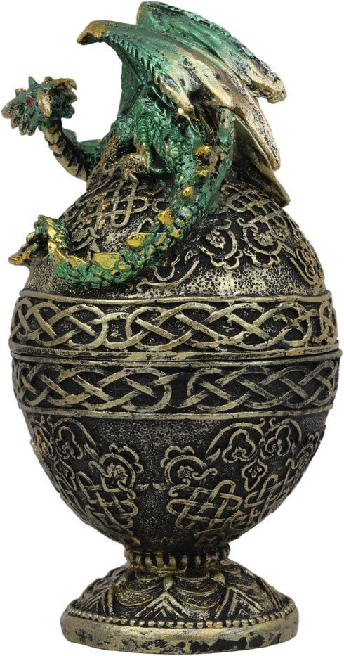 Ebros Gift Green Dragon Perching On Celtic Knotwork Tattoo Relic Golden Egg Decorative Jewelry Box Figurine 6.25" High Fantasy Myths Legends Dunge...