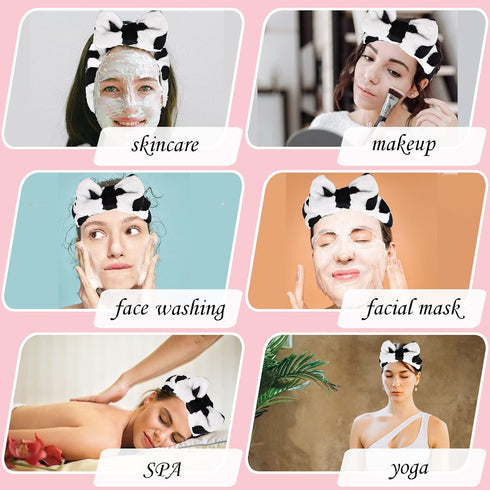 Spa Headband, Bow Makeup Headband for Washing Face, High Elasticity Bowknot Coral Fleece Skincare Headbands for Women Girls (Cow Print)...