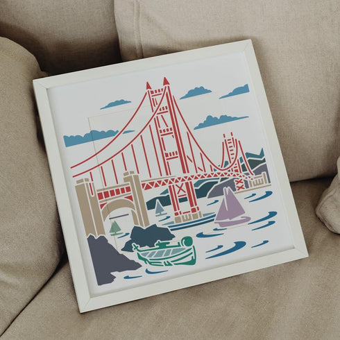 Golden Gate Bridge Stencil 11.8×11.8inch Large Bridge River Boat Stencil Reusable Cityscape Silhoutte Drawing Template with Paint Brush for Art Cr...