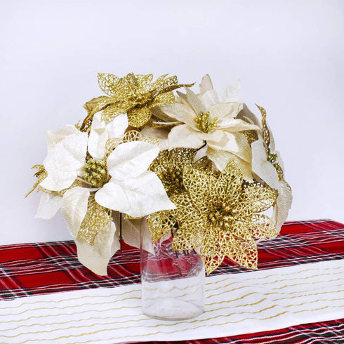 Supla 24 Pack Christmas Gold Glitter Poinsettia Flowers Picks Christmas Tree Ornaments 5.9" Wide for Gold Christmas Tree Wreaths Garland Holiday S...