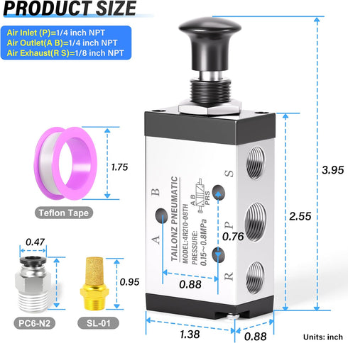 TAILONZ PNEUMATIC 1/4"NPT 5 Way 2 Position Spring Reset Air Hand Lever Operated Valve Pneumatic Solenoid Valve Manual Control Push-Pull 4R210-08-T...