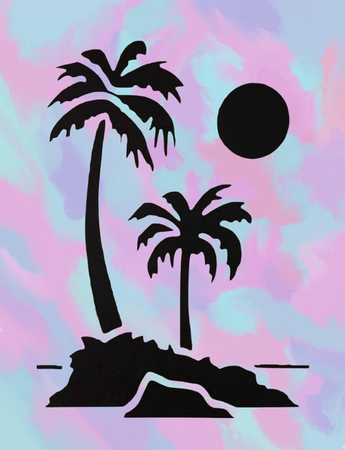 Reusable Palm Trees, Beach, Sun & Moon Stencil 8.5" x 11" - Idyllic Scenery Design for Creative Projects...