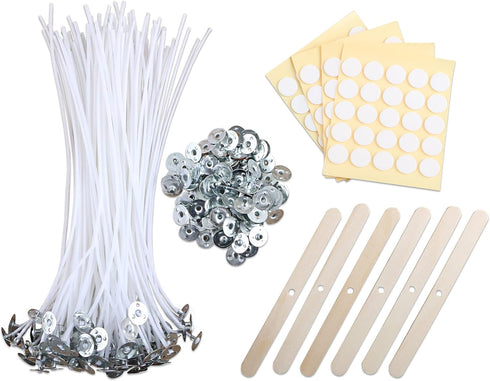 MILIVIXAY 100PCS 8 inch Candle Wicks with 100 Metal Tabs, 100PCS Candle Wick Stickers and 6PCS Wooden Candle Wick Holders - Wicks Coated with Para...