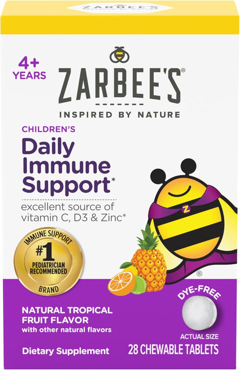 Zarbee's Kids Immune Support, Vitamin C, D & Zinc Daily Immunity Vitamins for Children 4+ Years, Natural Tropical Fruit Flavor, 28 Chewable Tablet...