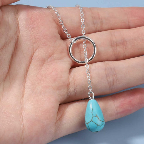 Boho Turquoise Y Necklace Silver Circle Teardrop Necklace Choker Blue Gemstone Lariat Necklace Vintage Gem Drop Necklace Jewelry for Women and Gir...