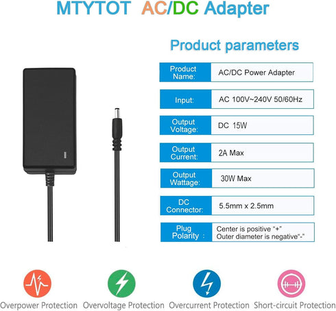 15V 2A DC Power Supply AC 100V-240V Input to DC 15 Volt 2 Amp 1.6A 1A Switching Power Supply Converter 5.5mm x 2.5mm/ 2.1mm DC Plug and 10 More Si...