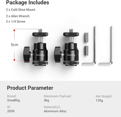 SmallRig 1/4" Camera Hot Shoe Mount, Ballhead Tripod with Additional 1/4" Screw, 2pcs Pack - 2059...
