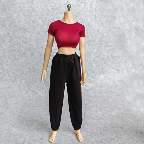 1/6 Scale Figure Doll Clothes T-Shirt + Pant Costume for 12 inch Female Action Figure Phicen/TBLeague Toy Clothes (Red+Black)...