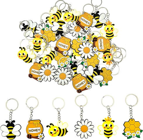 JZK 30 Pcs Cute honey bee keyrings set for kids, mini rubber keychains for children birthday party favours, kids party bag fillers, kids party tha...