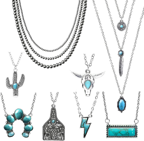 8 Pcs Western Necklaces for Women, Multi-Layered Navajo Pearl Necklace, Triple Turquoise Pendant Necklace, Western Necklaces in Many Different The...