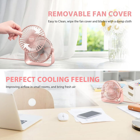 FARADAY USB Desk Fans 5 Inches Portable Table Fans 360° Head Rotation Small Personal Desktop Fan for Home Office, 3 Speeds, Pink...