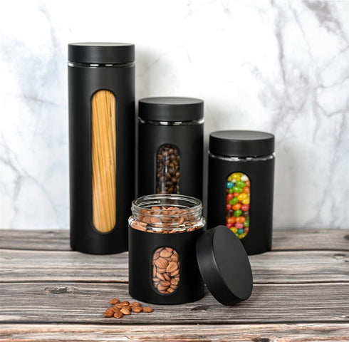 Glass Canister Set of 4 for Sugar, Matte Black Kitchen Counter Decor and Accessories...