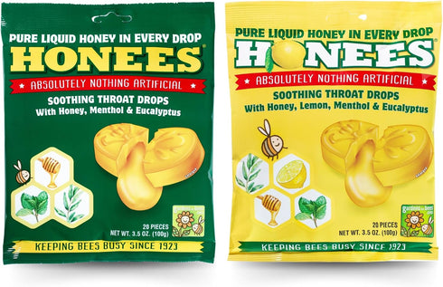 Honees Honey Filled Drops, Variety Pack (Honey and Honey Lemon)-Natural Sore Throat Relief - Throat Lozenges, Nothing Artificial - Non-GMO, Gluten...