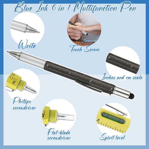 16 Pcs Blue Ink Multi Tool Tech Pen Gift Pen for Men Dad Screwdriver Pen with Ruler 6 in 1 Ballpoint Pen and Pen Refills (Yellow,Black,Glod,White)...