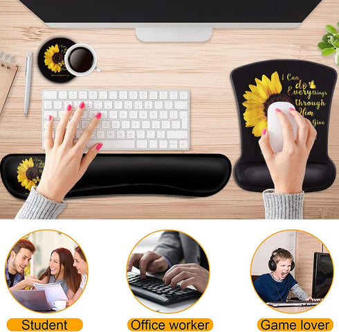Keyboard Wrist Rest and Mouse Pad Wrist Support Set,Bible Verse Philippians 4:13 Sunflower Ergonomic Gel Mouse Pad,Easy Typing Pain Relief, Memory...