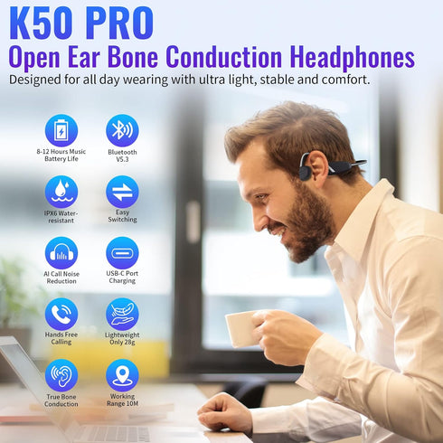 Bone Conduction Headphones Bluetooth 5.3 Open Ear Headphones IPX6 Waterproof 8 Hours Playtime Wireless Earphones Bluetooth Headset with Mic for Ru...