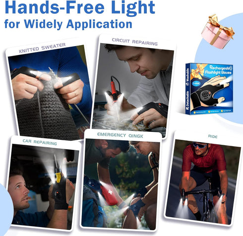 LED Flashlight Gloves with Waterproof Lights - Rechargeable Finger Light Stocking Stuffers for Men Dad Husband Cool Gadgets Tool Fishing Camping U...
