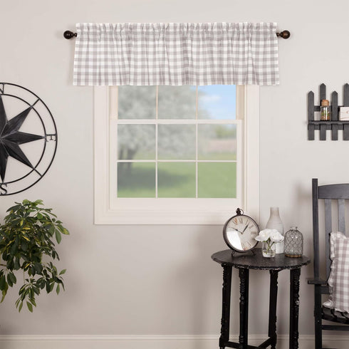 VHC Brands Annie Buffalo Check Farmhouse Kitchen Window Curtains- Lined Valance, 16x72, White &Grey...