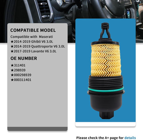Oil Filter 311401 298939 Compatible with Maserati Ghibli & Quattroporte V6 Engines 2014-2022...