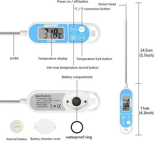 KT800 IPx7 Waterproof Meat Thermometer Digital Instant Read Food Thermometer with MinMax Hold Function, 1 Pack, Blue...