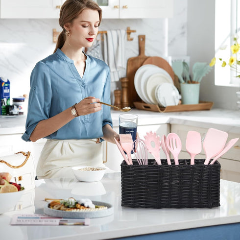 Ayiaren Wicker Silverware Cutlery Holder Black Flatware Utensil Caddy Best Silverware Organizer Storage for Countertop Party Kitchen Utensils Hold...