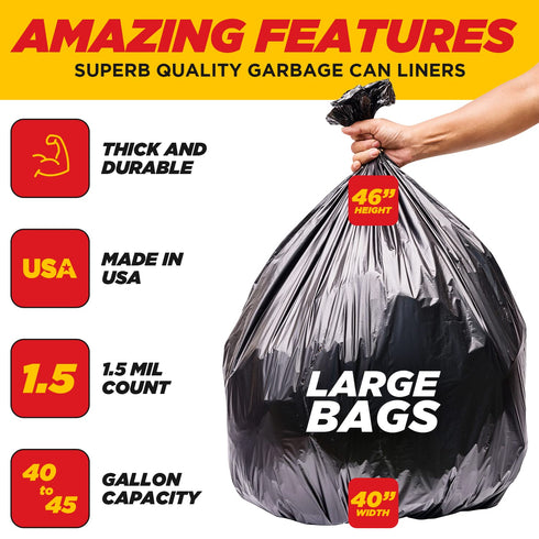 40-45 Gallon Heavy Duty Trash Bags, 1.5 Mil Black, 50 Count, Individually Folded, Industrial Strength, Made in USA...