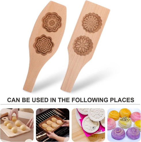 Yardwe 2pcs Wooden Cookie Molds Chinese Traditional Mid- autumn Festival Moon Cake Mold Handmade Flowers Cookie Stamp Baking Supplies for Muffin M...