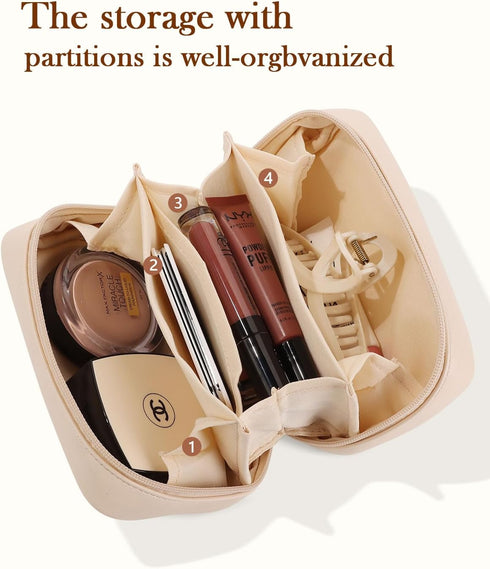 Pocmimut Makeup Bag,PU Leather Travel Makeup Bag,Open Flat Makeup Pouch for Women Purse for Travel Accessories(Begie)...