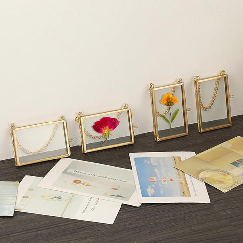 JUXYES Set of 4 Mini Brass Wall Hanging Photo Frame, Glass Hanging Picture Artwork Display Frame, Double Glass Floating Frame Style Gallery Wall F...